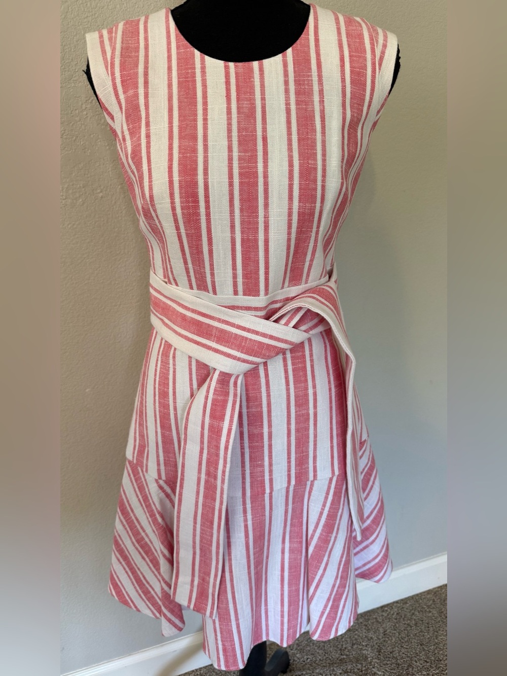 NEW J. Crew Red and White Striped Linen Dress with Waist Tie